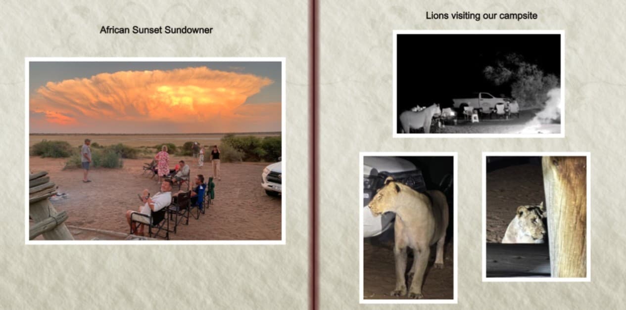 Memories of the Kalahari photo book — page 14: African sunset sundowner & lions visiting camp