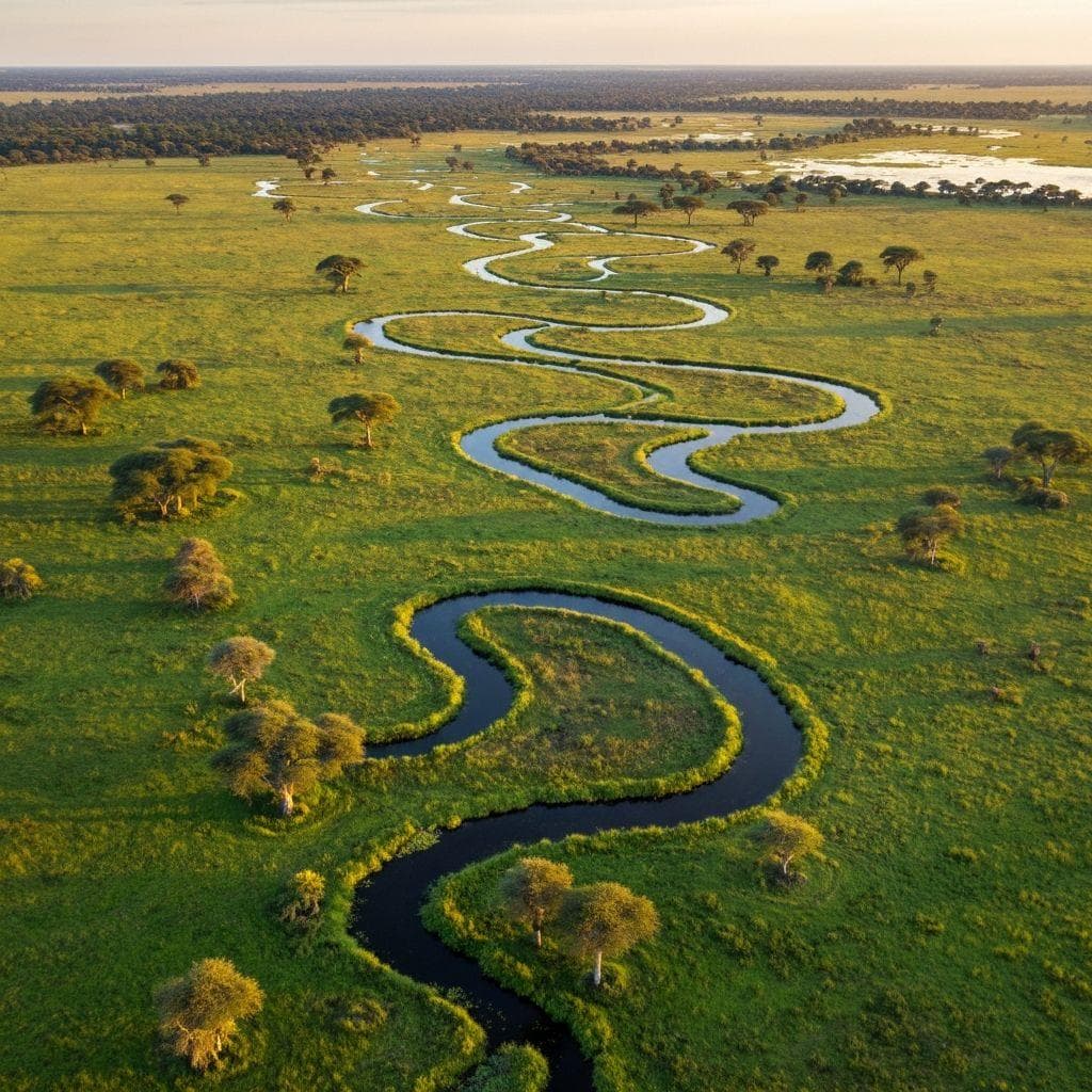 Aerial view of the Okavango Delta waterways in Botswana