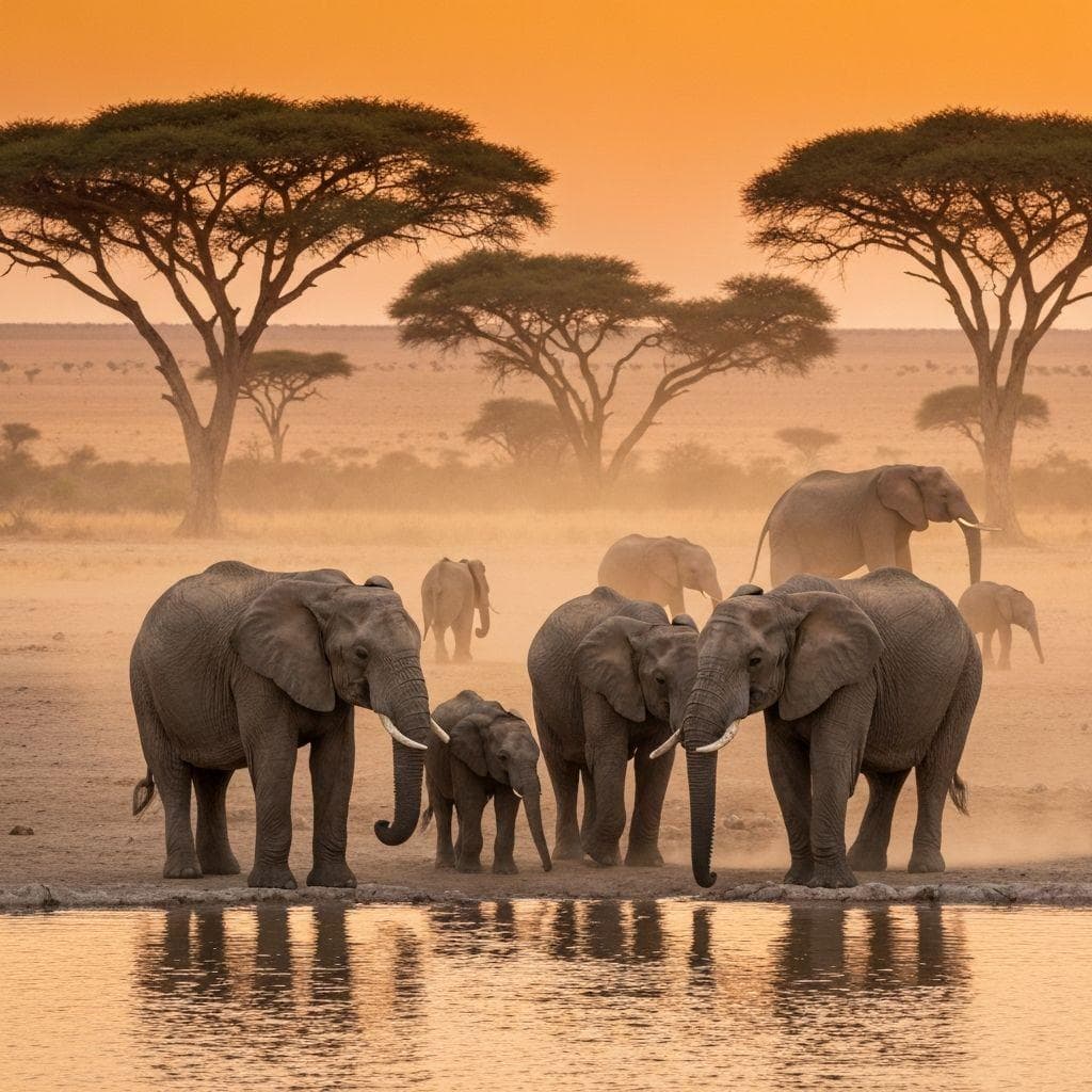Elephants at a waterhole in Etosha National Park, Namibia