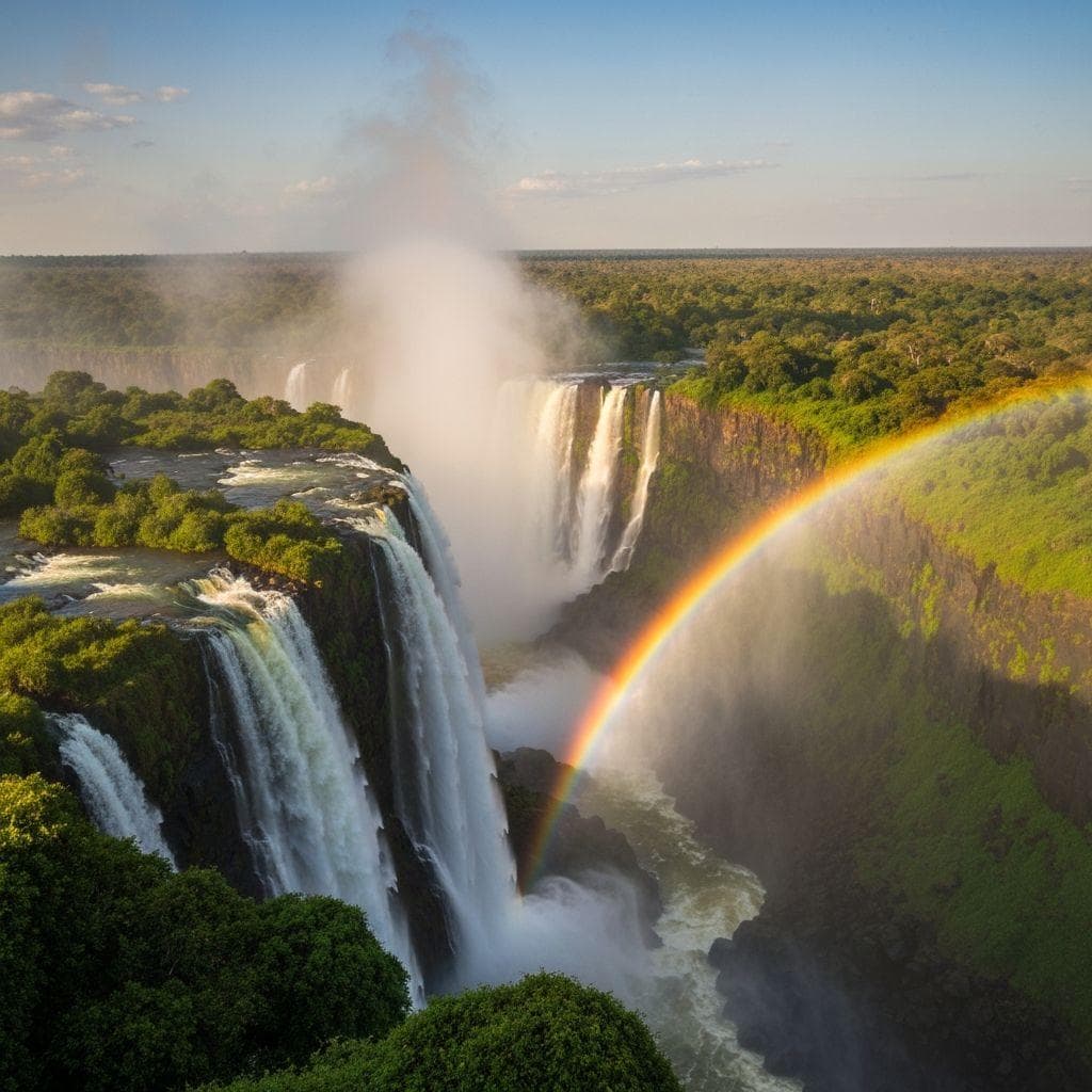 Victoria Falls at sunset with mist rising and rainbow visible