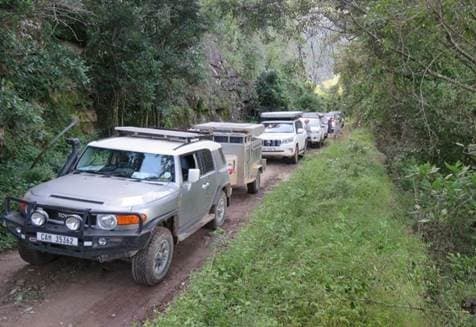 A convoy of guided self-drive 4x4 vehicles following a lead Toyota along a narrow forest track in Southern Africa