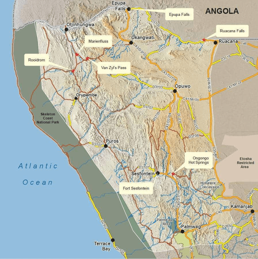 Relief map of the Kaokoveld region of north-west Namibia showing the Skeleton Coast, Atlantic Ocean and Angola border with landmarks including Epupa Falls, Van Zyl's Pass, Marienfluss, Ruacana Falls, Opuwo, Puros, Sesfontein and Palmwag