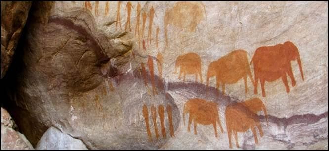 Ancient Bushmen rock art with ochre elephant paintings in Cederberg