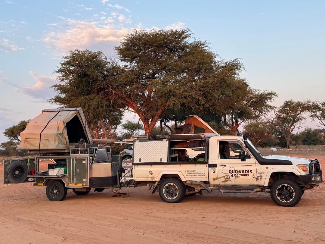 Quo Vadis 4x4 Land Cruiser with fully equipped trailer kitchen in the African bush