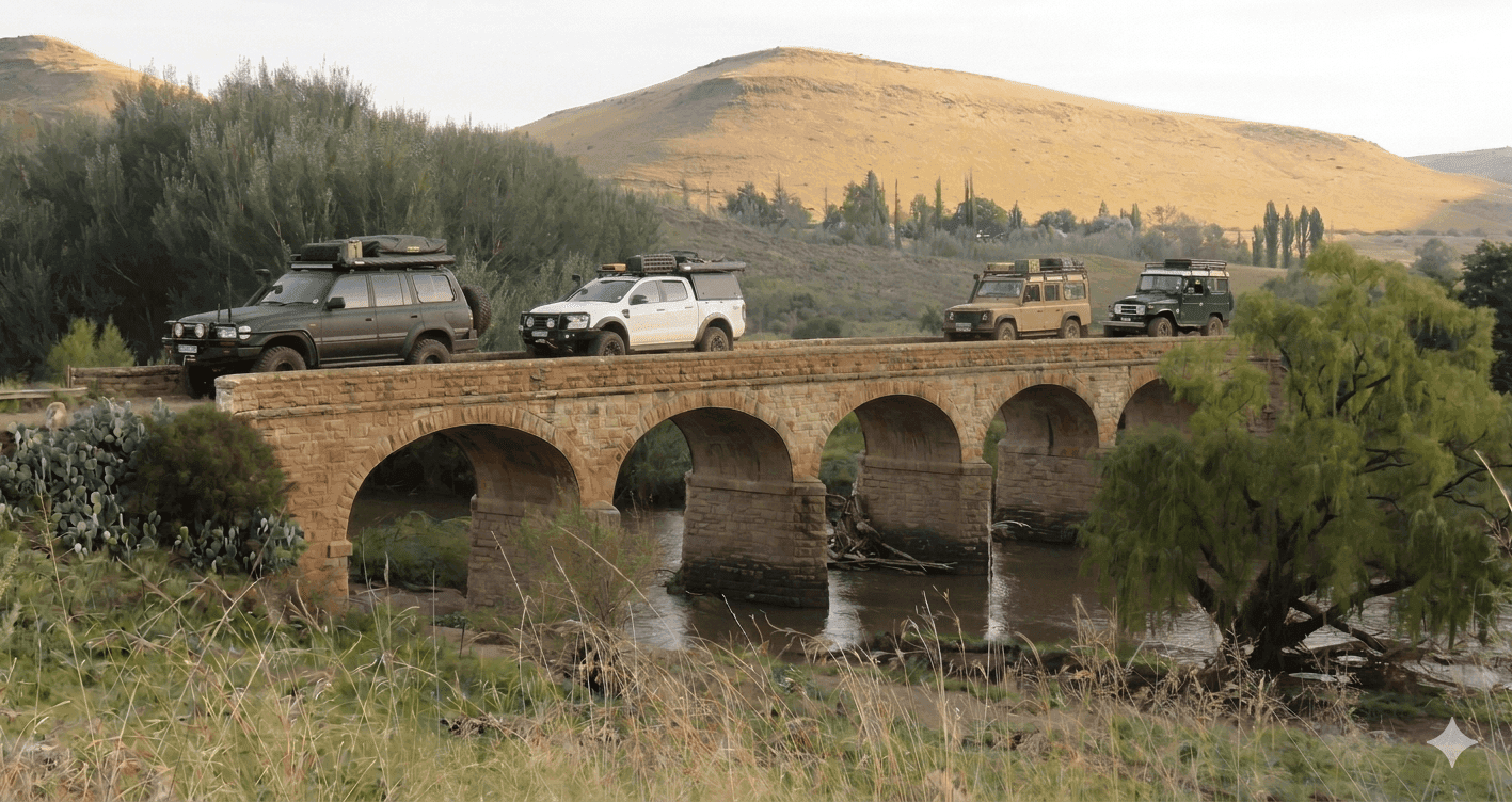 4x4 convoy crossing historic stone bridge in the Eastern Cape, South Africa