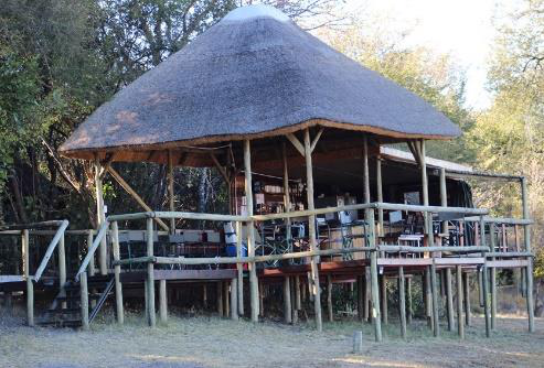 Raised thatched-roof safari lodge deck and bar on wooden stilts among the trees at Camp Kwando