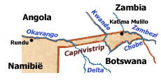 Regional map of the Caprivi Strip showing Angola, Zambia, Namibia and Botswana with the Okavango, Kwando, Zambezi and Chobe rivers and Katima Mulilo