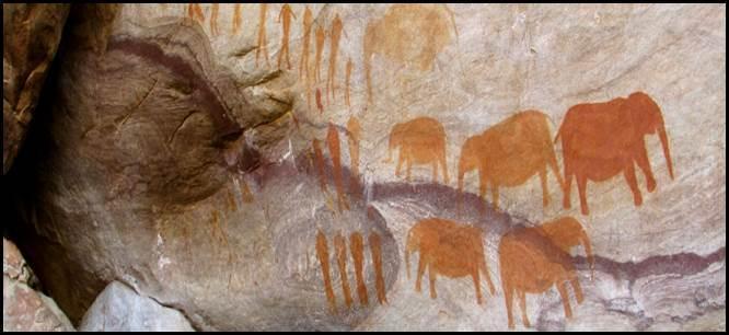 Ancient Bushmen rock art with ochre elephant paintings in Cederberg